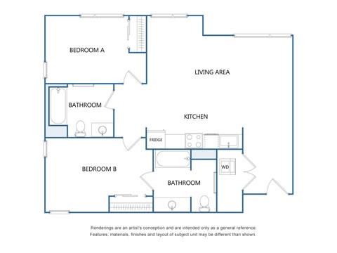 Floor plan for 2 beds, 2 baths, 963 sqft